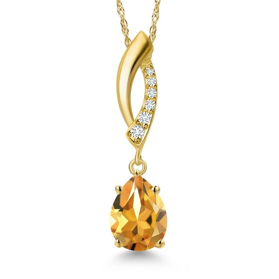 Gem Stone King 10K Yellow Gold Yellow Citrine and Lab Grown Diamond Pendant Necklace for Women | 1.14 Cttw | Gemstone November Birthstone | Pear Shape 8X6MM | With 18 inch Chain