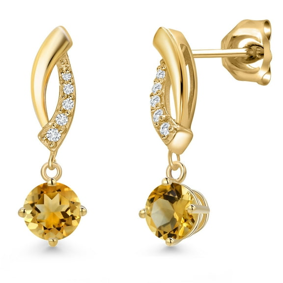 Gem Stone King 10K Yellow Gold Yellow Citrine and Lab Grown Diamond Stud Dangle Earrings for Women | 0.69 Cttw | Gemstone November Birthstone | Round 4.5MM