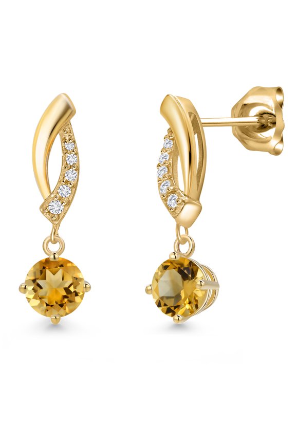 10K Yellow Gold Yellow Citrine and Lab Grown Diamond Stud Dangle Earrings for Women | 0.95 Cttw | Gemstone November Birthstone | Round 5MM