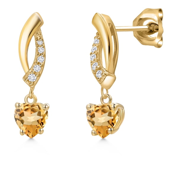 Gem Stone King 10K Yellow Gold Yellow Citrine and Lab Grown Diamond Dangle Earrings for Women | 0.97 Cttw | Gemstone November Birthstone | Heart Shape 5MM