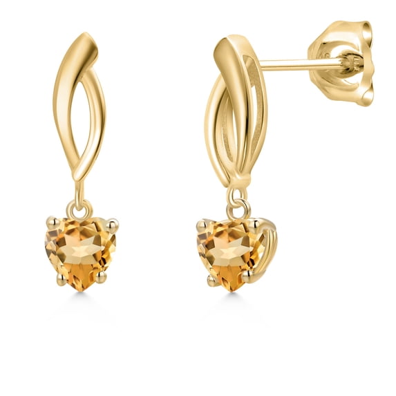 Gem Stone King 10K Yellow Gold Yellow Citrine Dangle Earrings for Women | 0.92 Cttw | Gemstone November Birthstone | Heart Shape 5MM