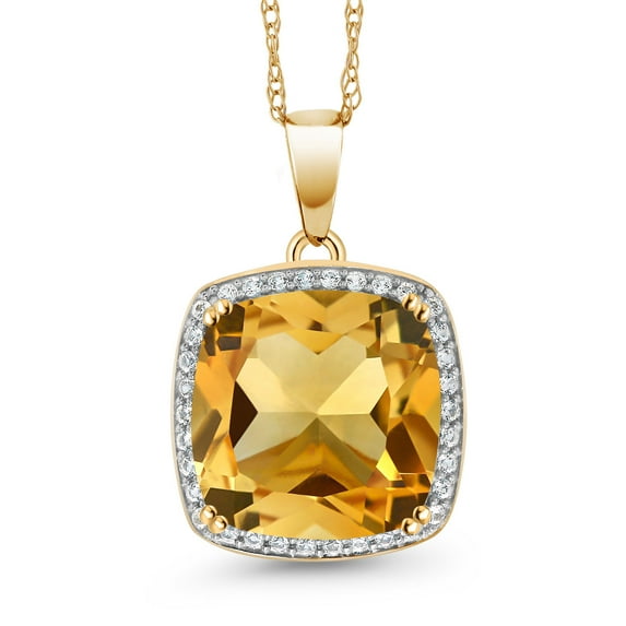Gem Stone King 10K Yellow Gold Yellow Citrine and White Created Sapphire Pendant Necklace for Women (6.09 Cttw, Gemstone November Birthstone, Cushion 12MM, with 18 inch Chain)