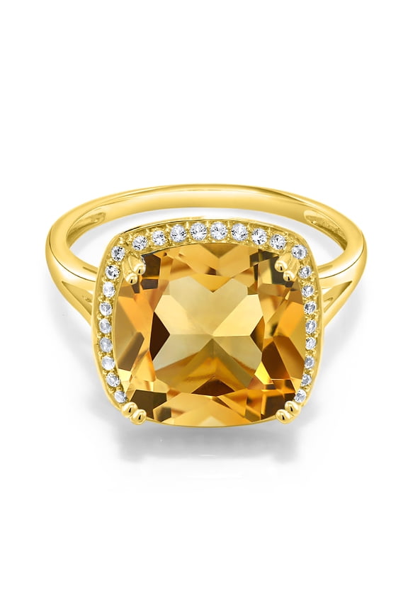 10K Yellow Gold Yellow Citrine and White Created Sapphire Ring for Women | 6.09 Cttw | Center Cushion Cut 12MM | Gemstone November Birthstone | Size 5 to 9