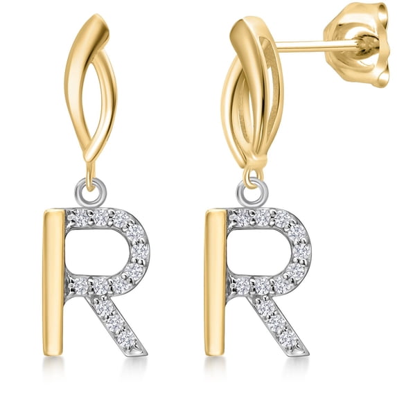 Gem Stone King 10K Yellow Gold and 925 Sterling Silver White Lab Grown Diamond Initial Letter Charm Dangling Earrings for Women by Keren Hanan