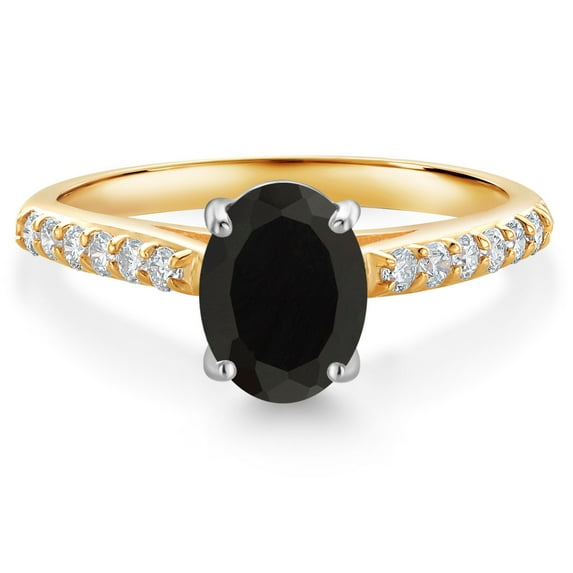 Gem Stone King 10K Yellow and White Gold Black Onyx and White Lab Grown Diamond Engagement Ring for Women (1.78 Cttw, Oval 8X6MM, Gemstone December Birthstone, Size 7)