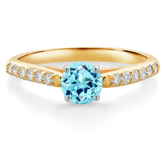 Gem Stone King 10K Yellow and White Gold Blue Apatite and White Lab Grown Diamond Engagement Solitaire Ring (0.68 Cttw, Round 5MM, Gemstone, Available in Size 5, 6, 7, 8, 9)
