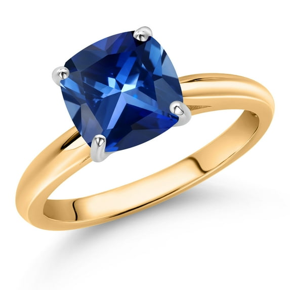 Gem Stone King 10K Yellow and White Gold Blue Created Sapphire Soitaire Engagement Ring for Women (2.50 Cttw, Cushion 8MM, Gemstone September Birthstone, Available in Size 5, 6, 7, 8, 9)