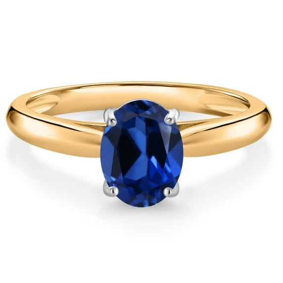 Gem Stone King 10K Yellow and White Gold Blue Created Sapphire Solitaire Engagement Ring for Women (1.60 Cttw, Oval 8X6MM, Gemstone September Birthstone, Available in Size 5, 6, 7, 8, 9)