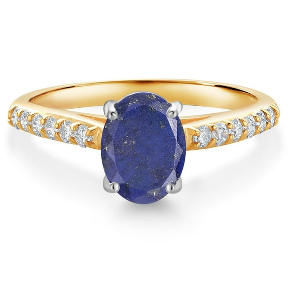 Gem Stone King 10K Yellow and White Gold Blue Lapis and White Lab Grown Diamond Engagement Ring for Women (1.58 Cttw, Oval 8X6MM, Gemstone Birthstone, Size 6)