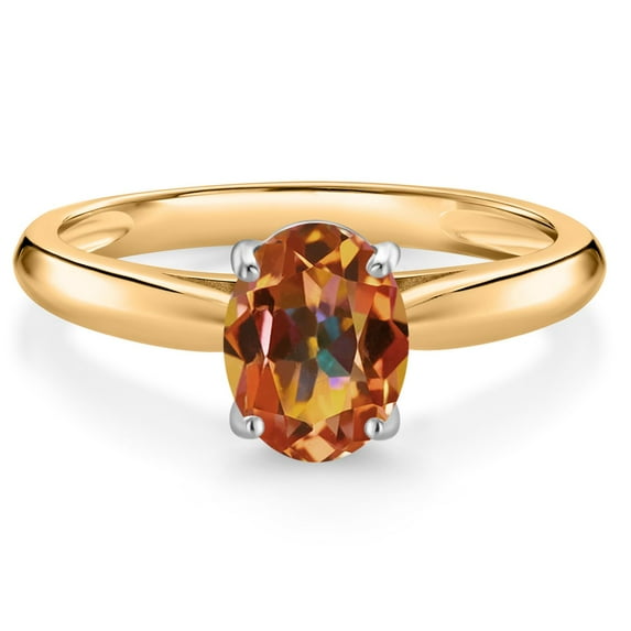 Gem Stone King 10K Yellow and White Gold Ecstasy Mystic Topaz Solitaire Engagement Ring for Women (1.50 Cttw, Oval 8X6MM, Gemstone Birthstone, Available in Size 5, 6, 7, 8, 9)