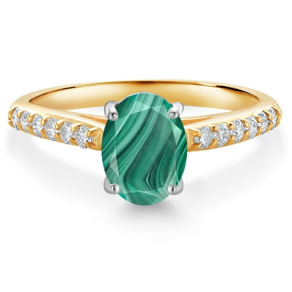 Gem Stone King 10K Yellow and White Gold Green Malachite and White Lab Grown Diamond Engagement Ring for Women (2.18 Cttw, Oval 8X6MM, Gemstone Birthstone, Size 7)
