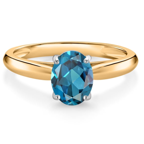 Gem Stone King 10K Yellow and White Gold London Blue Topaz Solitaire Engagement Ring for Women (1.50 Cttw, Oval 8X6MM, Gemstone November Birthstone, Available in Size 5, 6, 7, 8, 9)