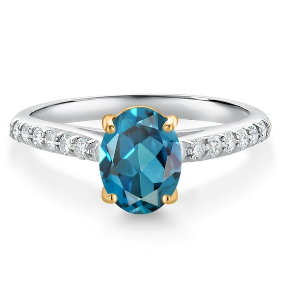 Gem Stone King 10K Yellow and White Gold London Blue Topaz and White Lab Grown Diamond Engagement Ring for Women (1.68 Cttw, Oval 8X6MM, Gemstone November Birthstone, Available in Size 5, 6, 7, 8, 9)