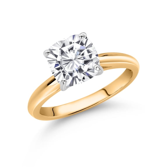 Gem Stone King 10K Yellow and White Gold White Moissanite from Charles & Colvard Soitaire Engagement Ring for Women (2.40 Cttw, Cushion 8MM, Gemstone Birthstone, Available in Size 5, 6, 7, 8, 9)
