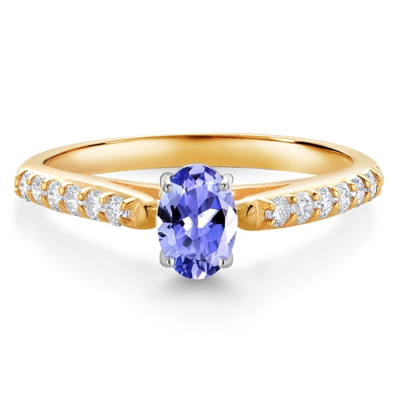 Gem Stone King 10K Yellow and White Gold Oval Blue Tanzanite and White Lab Grown Diamond Engagement Ring for Women (0.63 Cttw, Gemstone December Birthstone, Available in Size 5, 6, 7, 8, 9)
