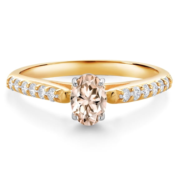 Gem Stone King 10K Yellow and White Gold Oval Peach Morganite and White Lab Grown Diamond Engagement Ring for Women (0.68 Cttw, Gemstone October Birthstone, Available in Size 5, 6, 7, 8, 9)