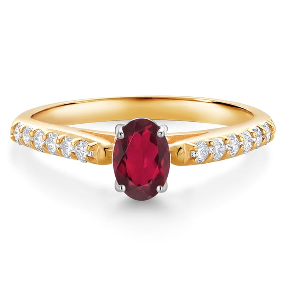 Gem Stone King 10K Yellow and White Gold Oval Ruby Red Mystic Topaz and White Lab Grown Diamond Engagement Ring for Women (0.68 Cttw, Gemstone Birthstone, Available in Size 5, 6, 7, 8, 9)