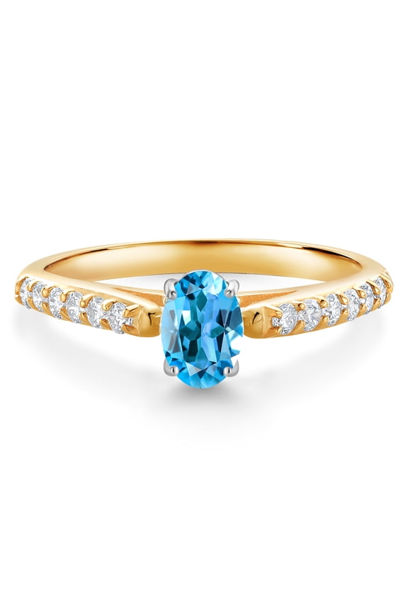 10K Yellow and White Gold Oval Swiss Blue Topaz and White Lab Grown Diamond Engagement Ring for Women (0.73 Cttw, Gemstone November Birthstone, Available in Size 5, 6, 7, 8, 9)