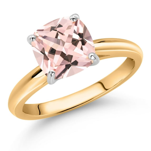 Gem Stone King 10K Yellow and White Gold Peach Nano Morganite Soitaire Engagement Ring for Women (2.00 Cttw, Cushion 8MM, Gemstone October Birthstone, Available in Size 5, 6, 7, 8, 9)