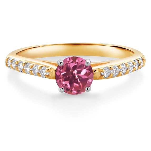Gem Stone King 10K Yellow and White Gold Pink Tourmaline and White Lab Grown Diamond Engagement Solitaire Ring (0.70 Cttw, Round 5MM, Gemstone October Birthstone, Available in Size 5, 6, 7, 8, 9)