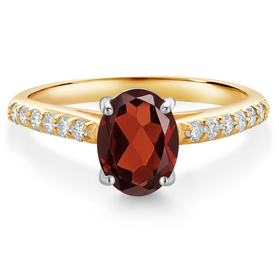 Gem Stone King 10K Yellow and White Gold Red Garnet and White Lab Grown Diamond Engagement Ring for Women (1.68 Cttw, Oval 8X6MM, Gemstone January Birthstone, Size 9)