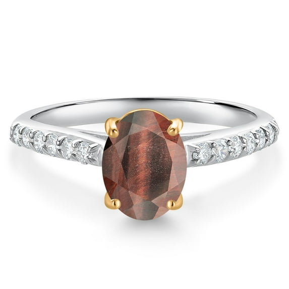 Gem Stone King 10K Yellow and White Gold Red Tiger Eye and White Lab Grown Diamond Engagement Ring for Women (1.43 Cttw, Oval 8X6MM, Gemstone Birthstone, Available in Size 5, 6, 7, 8, 9)
