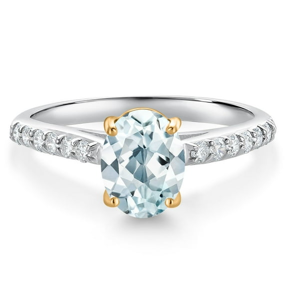 Gem Stone King 10K Yellow and White Gold Sky Blue Aquamarine and White Lab Grown Diamond Engagement Ring for Women (1.38 Cttw, Oval 8X6MM, Gemstone March Birthstone, Available in Size 5, 6, 7, 8, 9)