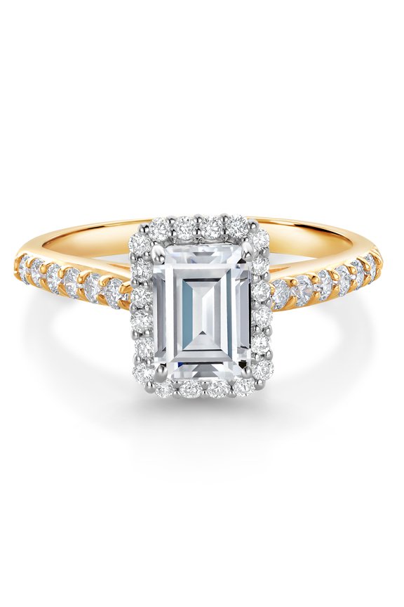 10K Yellow and White Gold Halo Engagement Ring G/H Lab Grown Diamond Set with Moissanite (1.34 Cttw, Size 7)