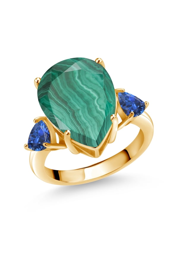11.08 Ct Green Malachite Blue Created Sapphire 18K Yellow Gold Plated Silver Ring (Size 7)