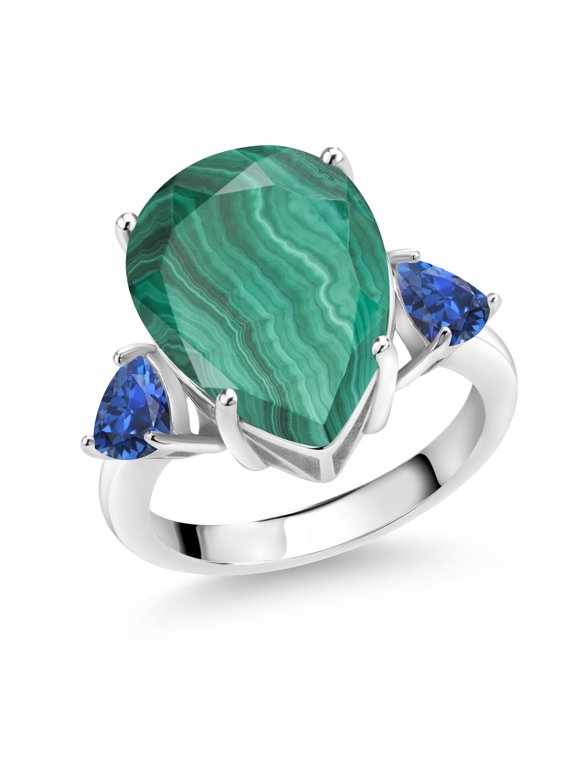 11.08 Ct Pear Shape Green Malachite Blue Created Sapphire 925 Sterling Silver Ring (Size 7)