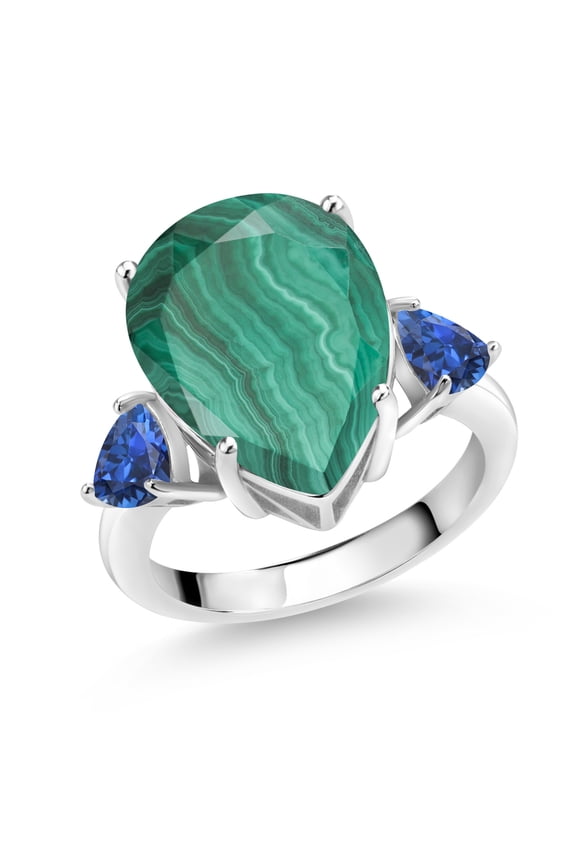 11.08 Ct Pear Shape Green Malachite Blue Created Sapphire 925 Sterling Silver Ring (Size 6)