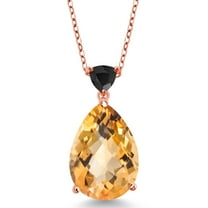 Gem Stone King 11.16 Ct Pear Shape Checkerboard Yellow Citrine Black Onyx 18K Rose Gold Plated Silver Pendant with Chain