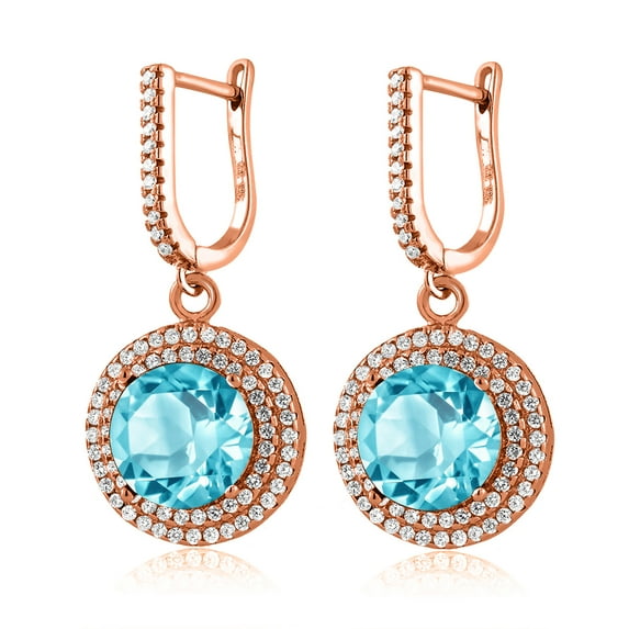 Gem Stone King 11.28 Ct Round Swiss Blue Topaz 18K Rose Gold Plated Silver Earrings