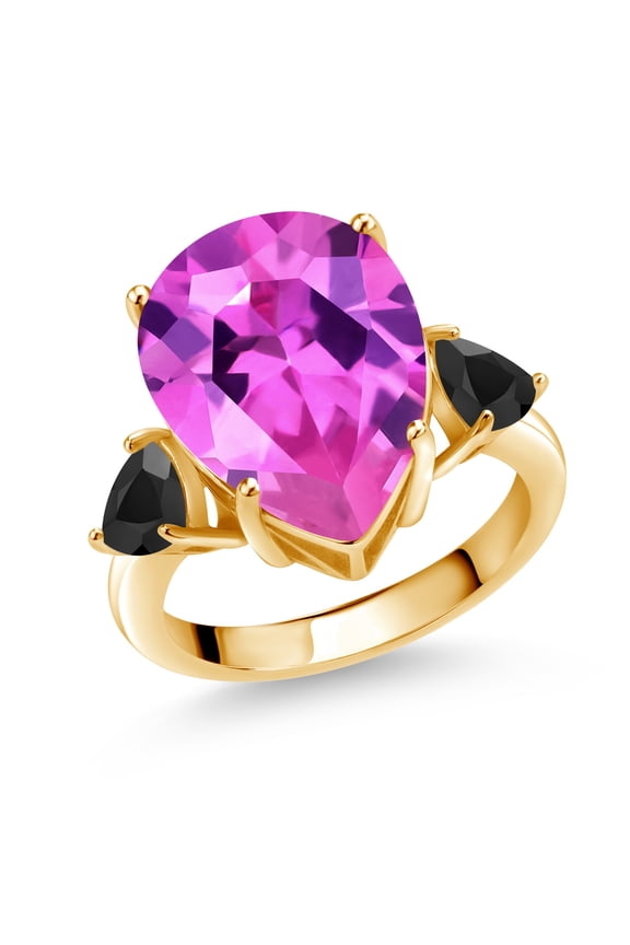 11.42 Ct Pink Created Sapphire Black Onyx 18K Yellow Gold Plated Silver Ring (Size 7)