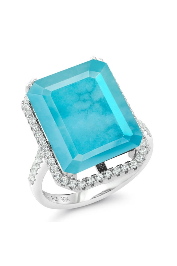 11.50 Ct Emerald Cut Green Turquoise 925 Sterling Silver Ring