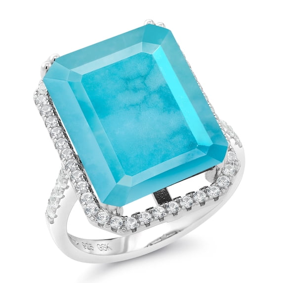 Gem Stone King 11.50 Ct Emerald Cut Green Turquoise 925 Sterling Silver Ring