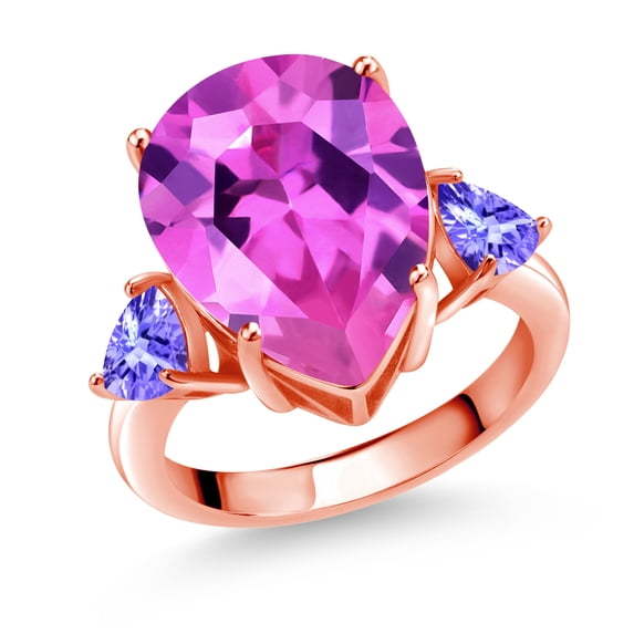 Gem Stone King 11.50 Ct Pink Created Sapphire Blue Tanzanite 18K Rose Gold Plated Silver Ring (Size 9)