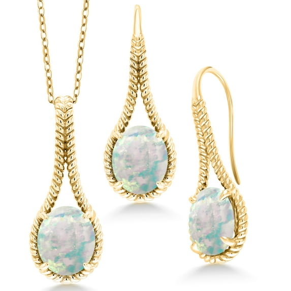 Gem Stone King 12.00 Ct Oval Cabochon White Simulated Opal 18K Yellow Gold Plated Silver Pendant and Earrings Jewelry Set With Chain