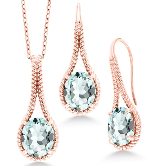 Gem Stone King 12.00 Ct Sky Blue Simulated Aquamarine 18K Rose Gold Plated Silver Pendant and Earrings Jewelry Set With Chain
