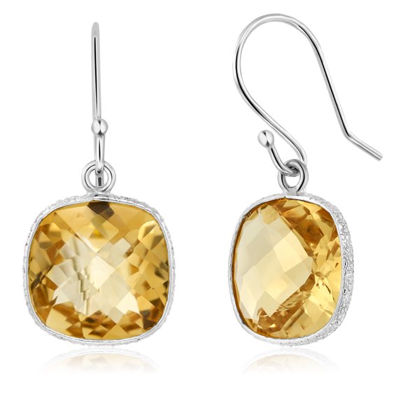 Gem Stone King 12.00 ctw Sterling Silver Citrine Cushion Checkerboard Dangle Earrings