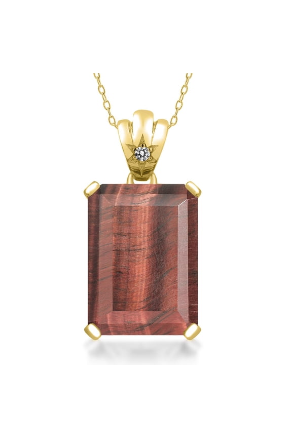 12.03 Ct Red Tiger Eye White Diamond 18K Yellow Gold Plated Silver Pendant with Chain