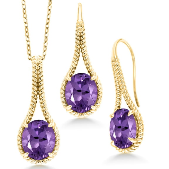 Gem Stone King 12.15 Cttw 12X10MM Oval Purple Amethyst 18K Yellow Gold Plated Silver Pendant Earrings Set With 18 inch Chain