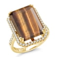 thumbnail image 1 of Gem Stone King 12.50 Ct Emerald Cut Brown Tiger Eye 18K Yellow Gold Plated Silver Ring, 1 of 4