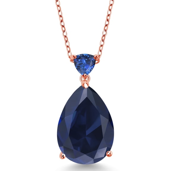 Gem Stone King 13.17 Ct Blue Created Sapphire 18K Rose Gold Plated Silver Pendant with Chain