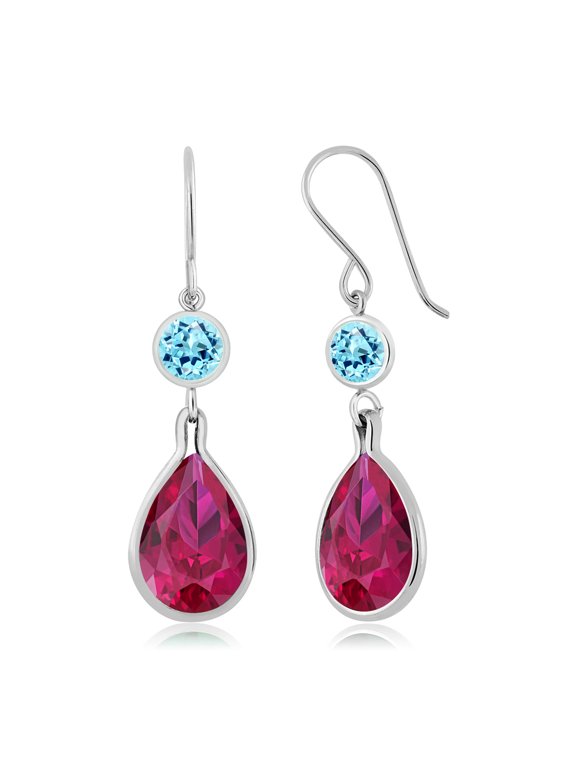 13.26 Ct Pear Shape Red Created Ruby Blue Apatite 925 Sterling Silver Earrings