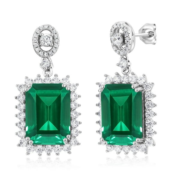 Gem Stone King 13.60 Cttw Green Nano Emerald Dangle Earrings for Women | 925 Sterling Silver | Gemstone May Birthstone | Emerald Cut 14X10MM | Fine Jewelry Gifts for Her Mom Women Wife