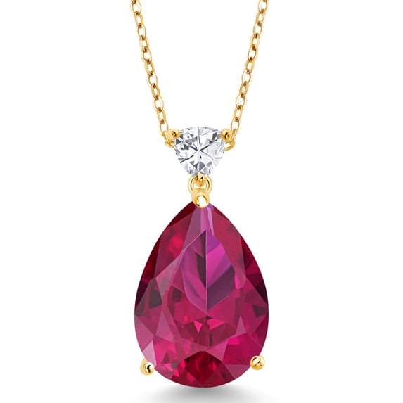Gem Stone King 13.77 Ct Pear Shape Red Created Ruby 18K Yellow Gold Plated Silver Pendant with Chain