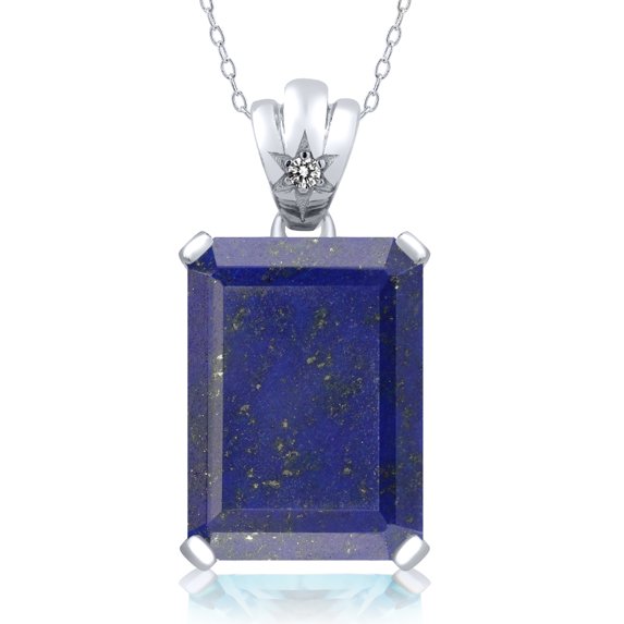 Gem Stone King 14.03 Ct Blue Lapis White Diamond 925 Sterling Silver Pendant with Chain