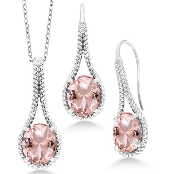 Gem Stone King 14.19 Ct Peach Simulated Morganite 925 Silver Pendant and Earrings Jewelry Set With Chain