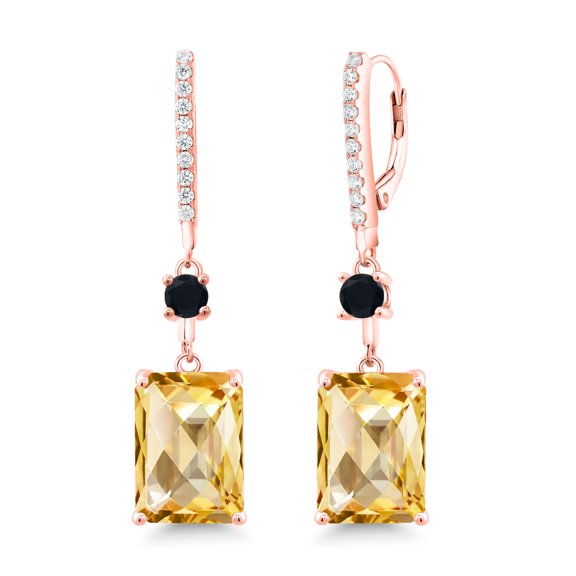 Gem Stone King 14.26 Ct Octagon Checkerboard Yellow Citrine Black Onyx 18K Rose Gold Plated Silver Earrings
